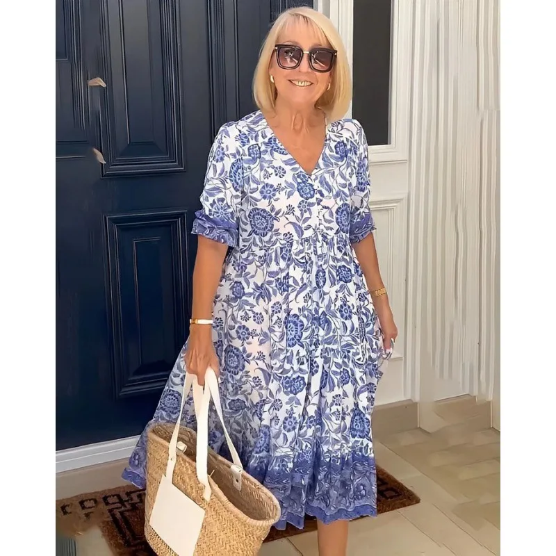 Vacanza al mare Vacanza Stampa floreale Abito longuette Donna Scollo a V Mezza manica Donna Boho Vacanza Casual Abiti lunghi midi Abiti