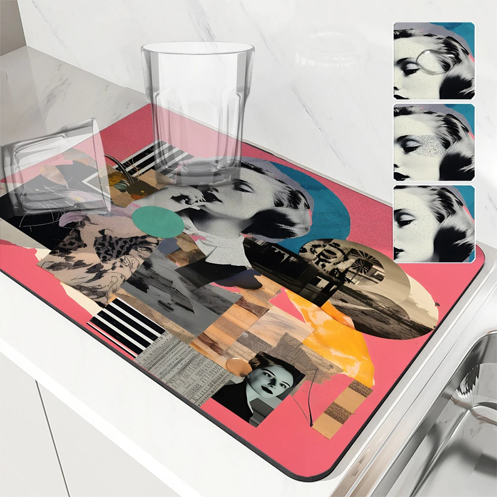 Coffee Cup Drying Mat Geometric Flower Non-slip Absorbent Mat Diatoms Tableware Kitchen Counter Drain Mat Coffee Bar Drain Mats