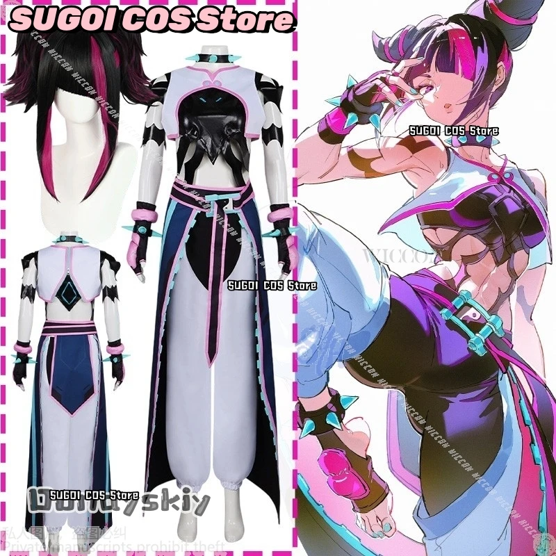 Anime Owww Crossover Street Cos Fighte Cosplay Hann Juri Fantasia {SUGOI COS}Lingerie Hot Pink Blue Batalha Uniforme Perucas Halloween