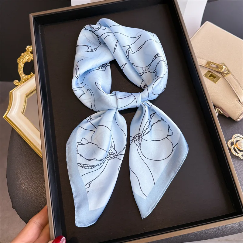 Pañuelo cuadrado floral de lujo con dibujo de líneas para mujer, pañuelos de seda, bandanas, hiyabs, pañuelos para el cuello, chales elegantes para viaje