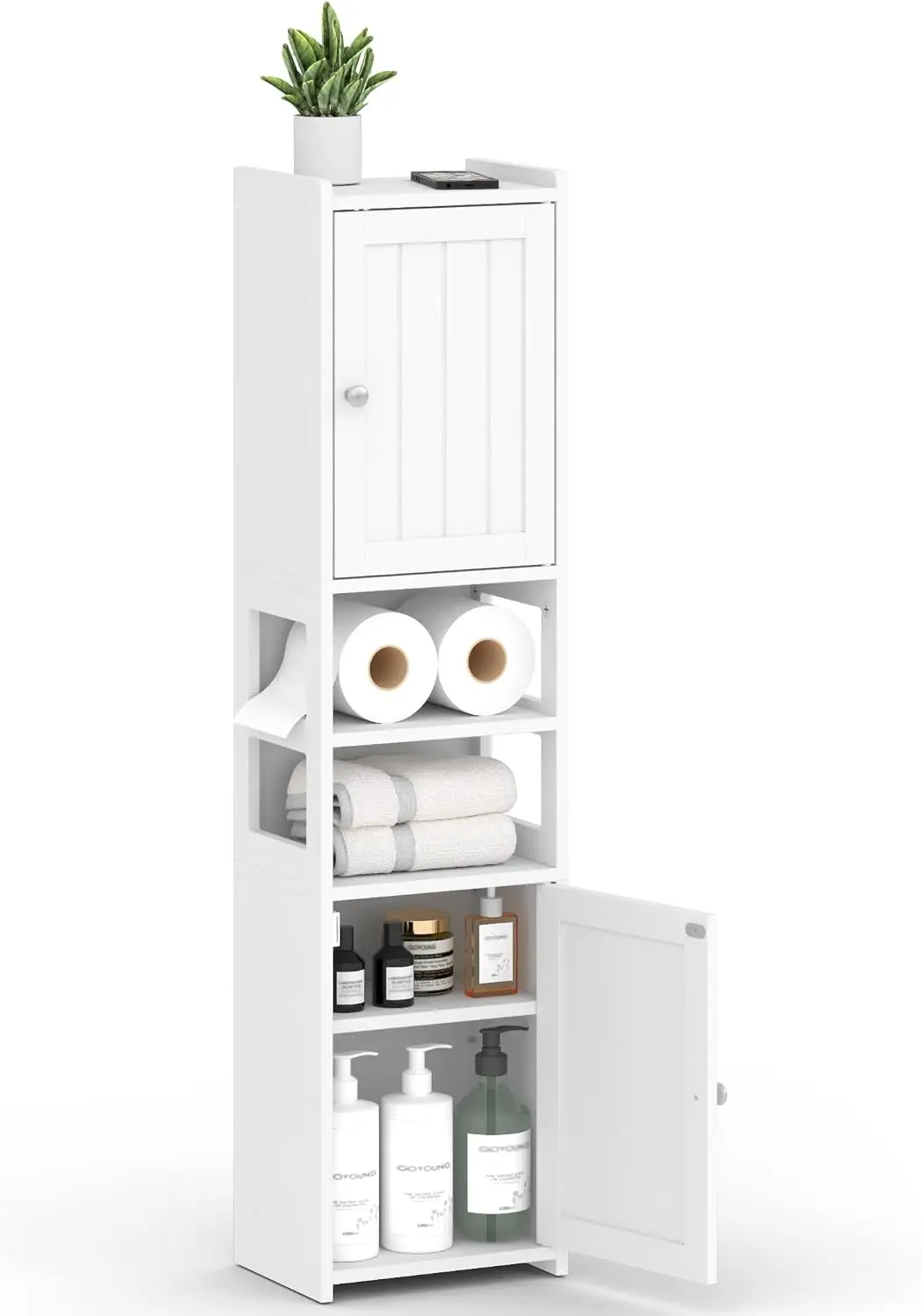 Small Bathroom Storage Cabinet 39"H Narrow Corner Floor Cabinet, White | Slim Skinny Design for Kitchen Living Room fits Tight Spaces, Moisture-resistant MDF, with Reversible Door, Adjustable Shelf