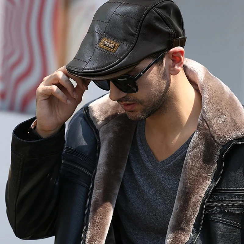 Herren Mode Retro PU-Leder Baskenmütze Herbst Winter Leder-Baskenmütze für Männer Mittleren Alters Warme Flache Schirmmütze Verstellbar