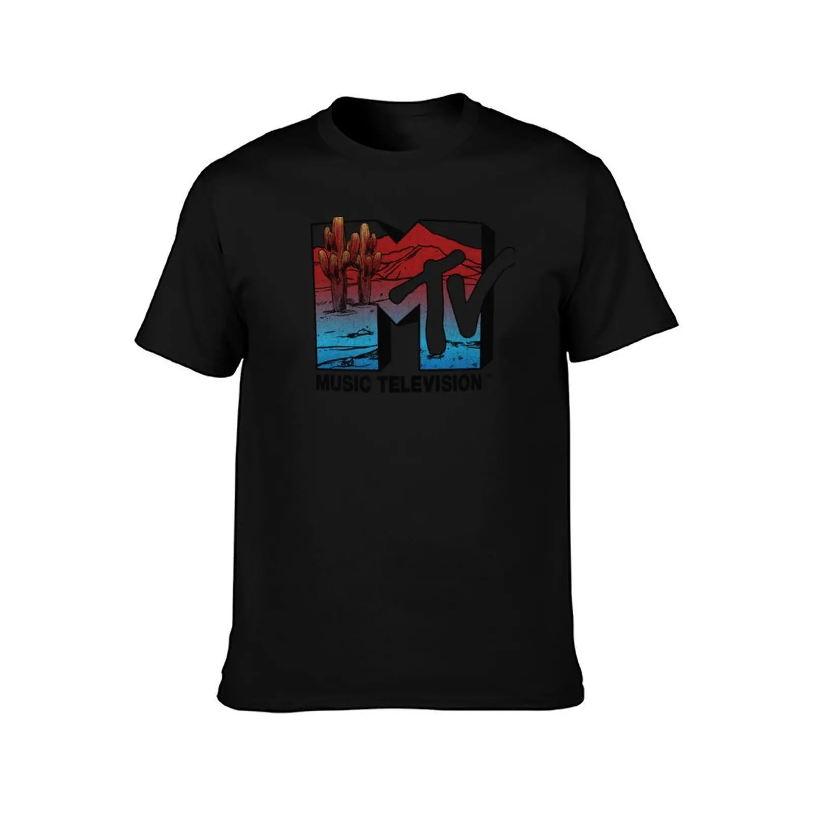 MTV Desert Sunset Landscape Logo T-Shirt, Summer Casual Cotton Tee, Oversized Streetwear Tops, Vintage Graphic Print