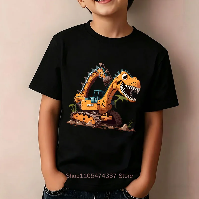 Dinosaur Excavator Print Children T-shirts for Boys Summer Casual Cool Colorful Comfortable Tops Kids O-Neck Short Sleeve Tees