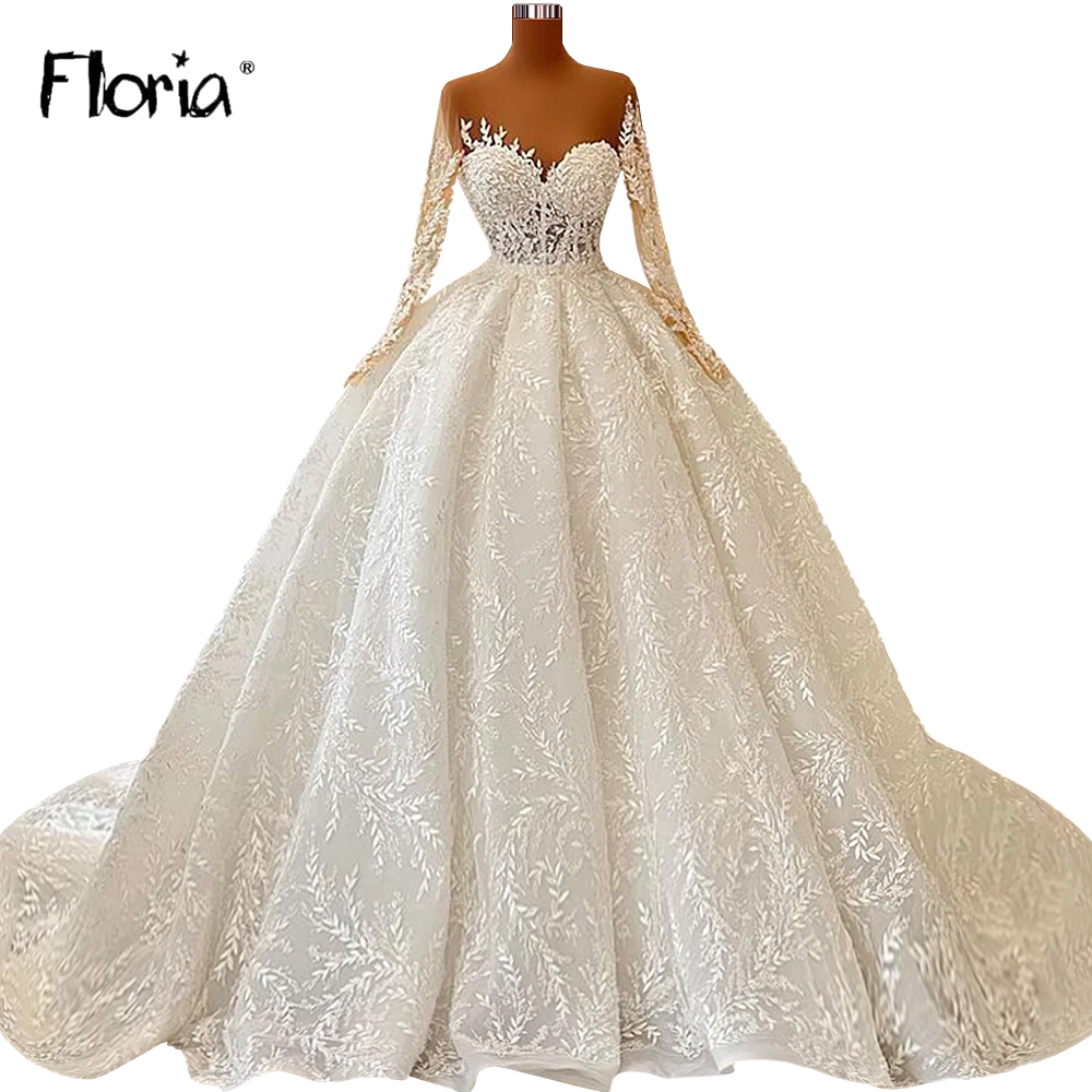 Floria-Robe de Mariée Luxueuse en Dentelle avec Traîne Perlée, Tenue de Mariage avec Appliques en Forme de Cœur