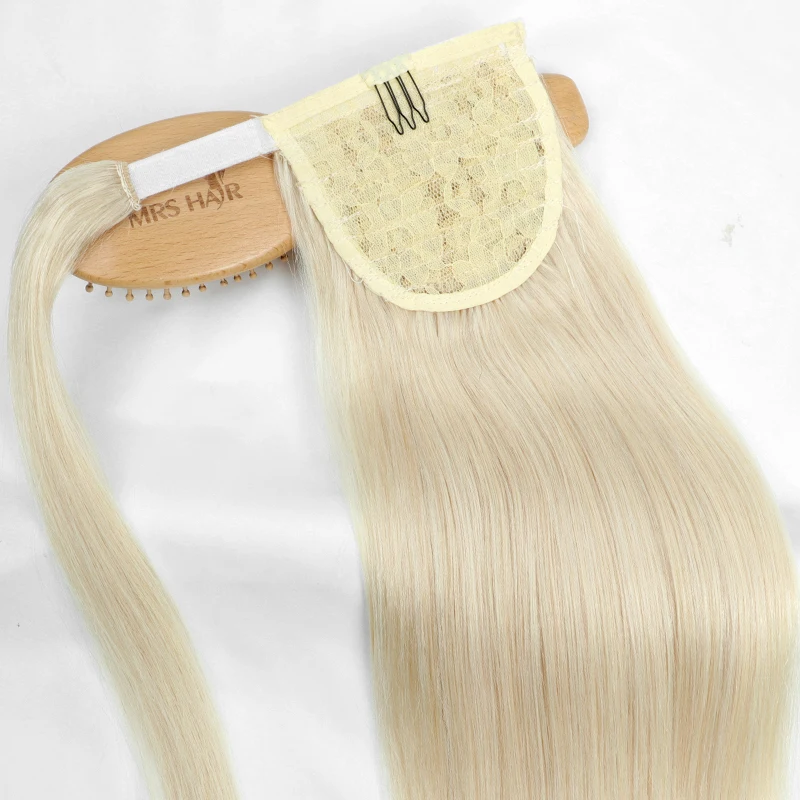 #60 Ponytail Human Hair Natural Real Hair Extensions Wrap Around Clip on Ponytails Thick Ends Platinum Blonde 24inch 60cm 140G