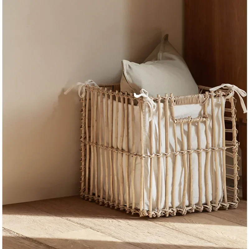 Simple Square Dirty Clothes Basket Natural Rattan Decorative Basket Hotels Homestays Bath Towel Basket Cotton Lined Storage Case