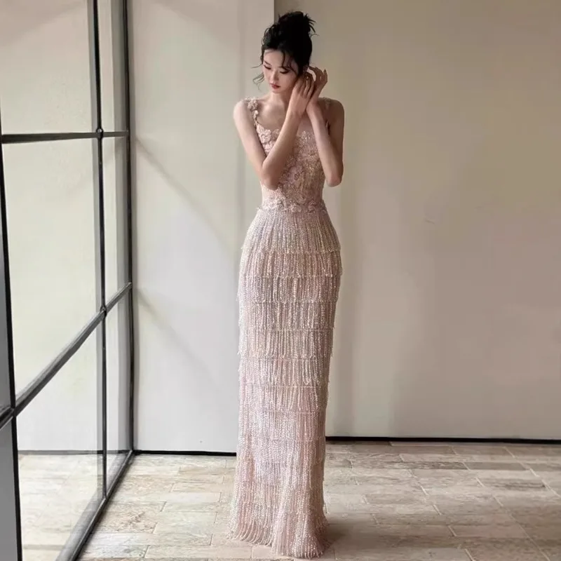 Vestido de noite sem alças multicamadas com borla rosa para aniversário, baile, banquete, cerimônia de maioridade, formatura e casamento