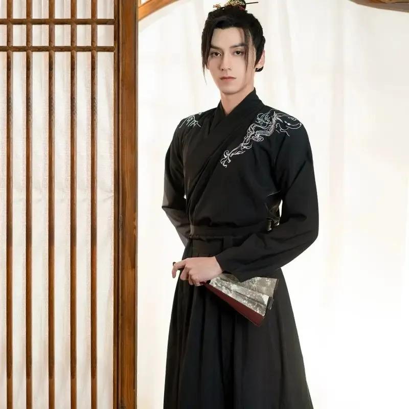 

Plus Size 3XL Men`s Hanfu Costume Chinese Traditional Embroidery Black Hanfu Shirt+Skirt Halloween Carnival Cosplay Costume