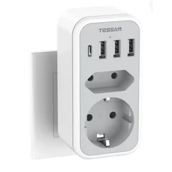 TESSAN EU Plug Wall Socket Adapter Extender with 2 AC Sockets 3 USB A Ports 1 Type C Plug Multi-functional Wall Socket for Home