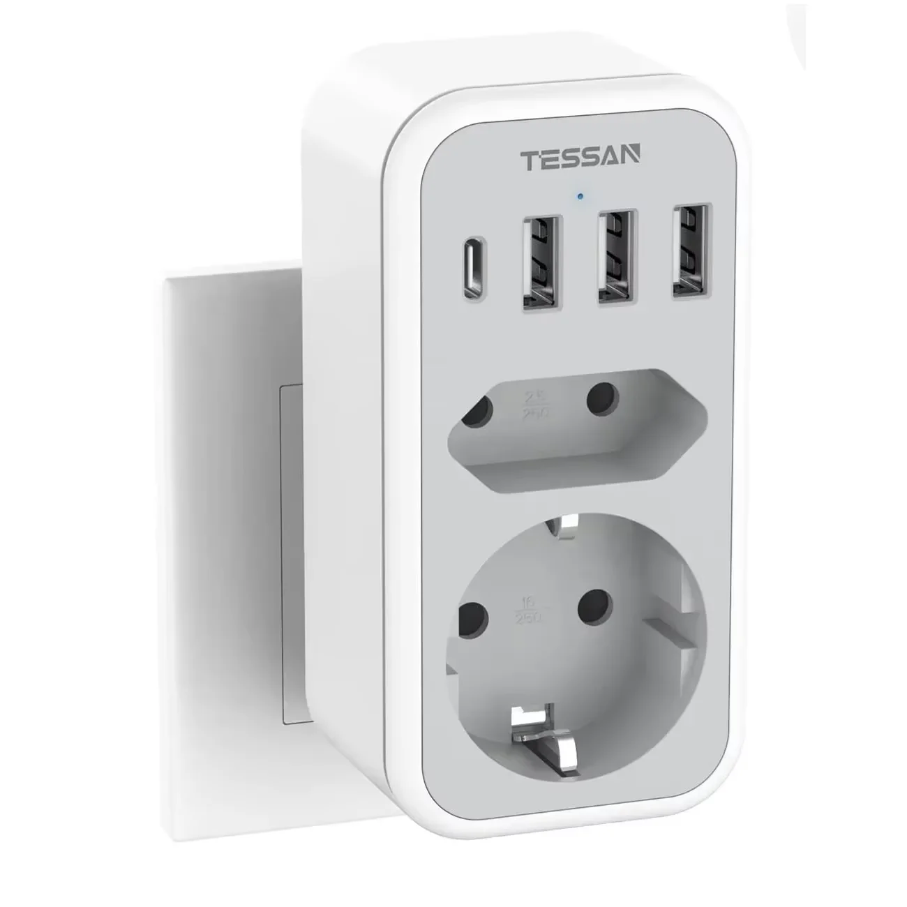 TESSAN EU Plug Wall Socket Adapter Extender with 2 AC Sockets 3 USB A Ports 1 Type C Plug Multi-functional Wall Socket for Home