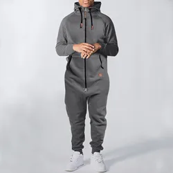 2024 Men's One-Piece Hoodie Sweatshirt Warm Long Sleeve Hooded Zipper Jumpsuit With Pockets Plus Size Loose Long Pants Romper