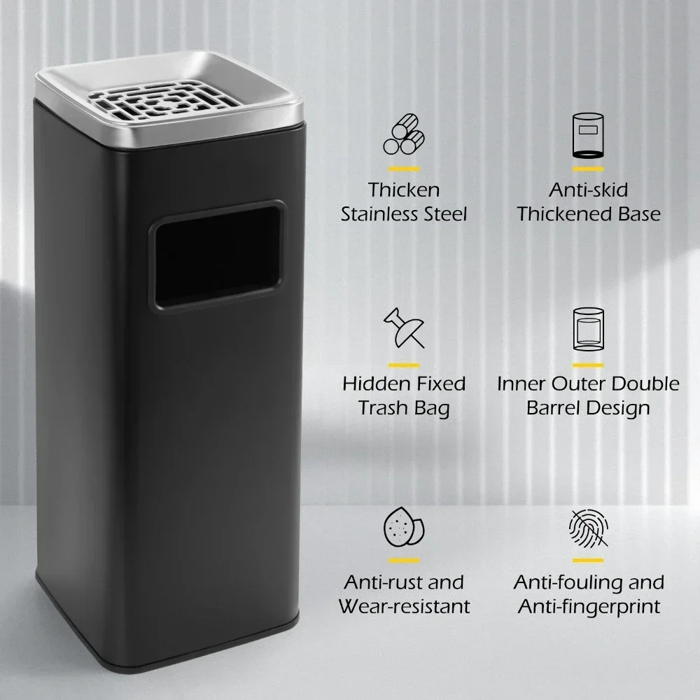 Large Floor Stand Trash Can 25x25x68cm Outdoor Garbage Enclosure Stainless Steel Garbage Bin Ashtray Waste Container Black