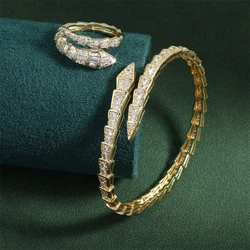 ZAKOL Luxury Shiny AAA Cubic Zirconia Snake Bone Bangles Rings Set for Women Sliver Color Wedding Party Jewelry Set