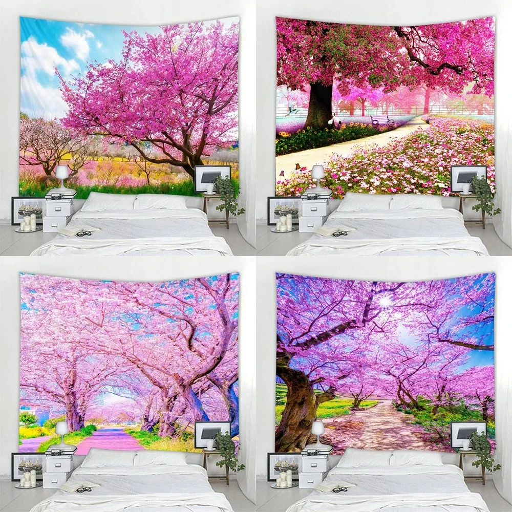 Pink flower pattern tapestry cherry blossom print hanging cloth home decoration house bedroom living room wall background cloth