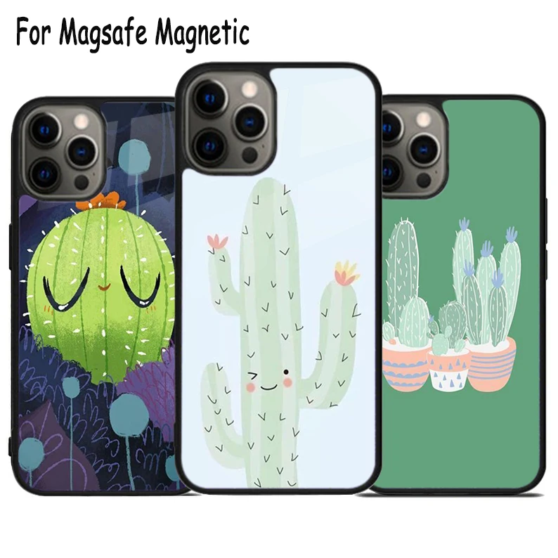 

Чехол для телефона Magsafe с милым кактусом и беспроводной зарядкой для iPhone 15, 16, 14, 13, 11, 12, Pro Max Plus, магнитный чехол-бампер