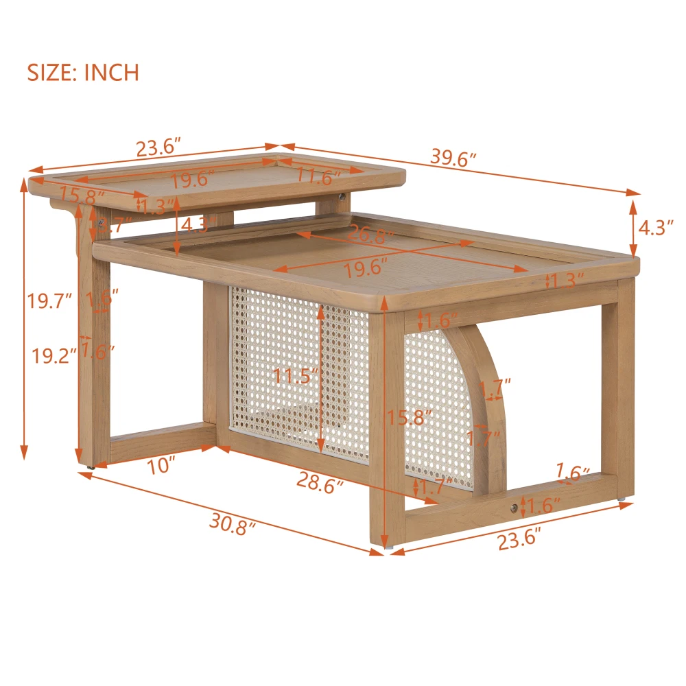 Conjunto moderno de 2 peças de madeira de vime + mesa de centro MDF em mesa de centro natural