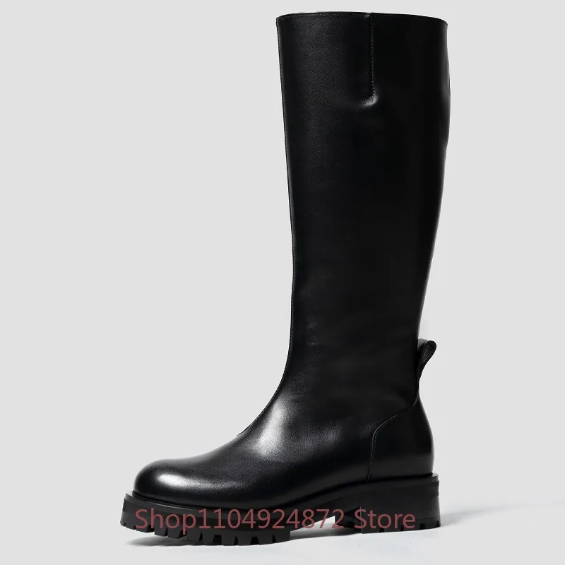 Men Black Genuine Leather Knee High Boots Male Street Fashion Height Increased Side Zipper Casual Outdoor Work Long Boots