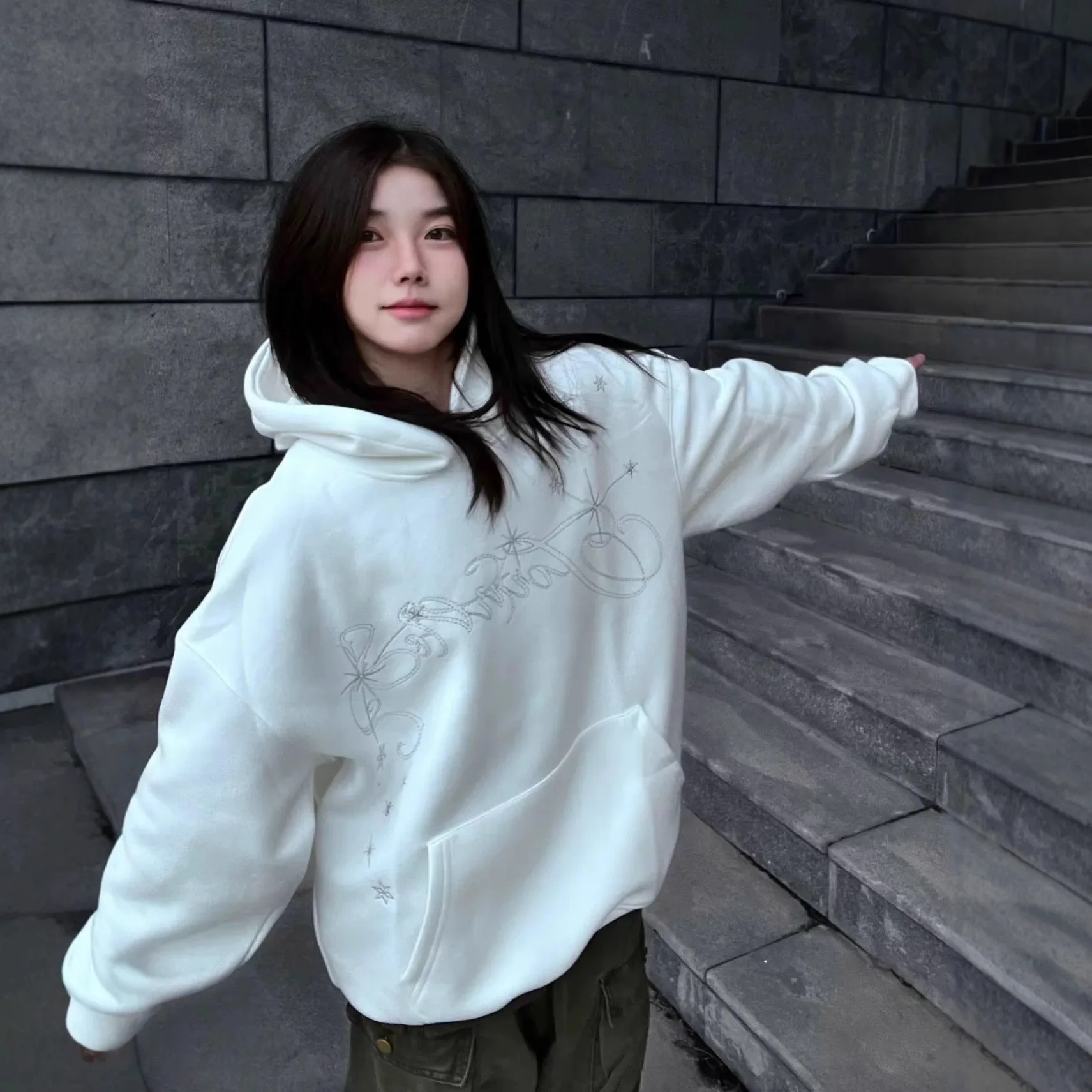 Korean High Street Embroidered Star Hoodie Autumn Winter Loose Casual Women's Hoodie Sweatshirt Coat Y2k Streetwear