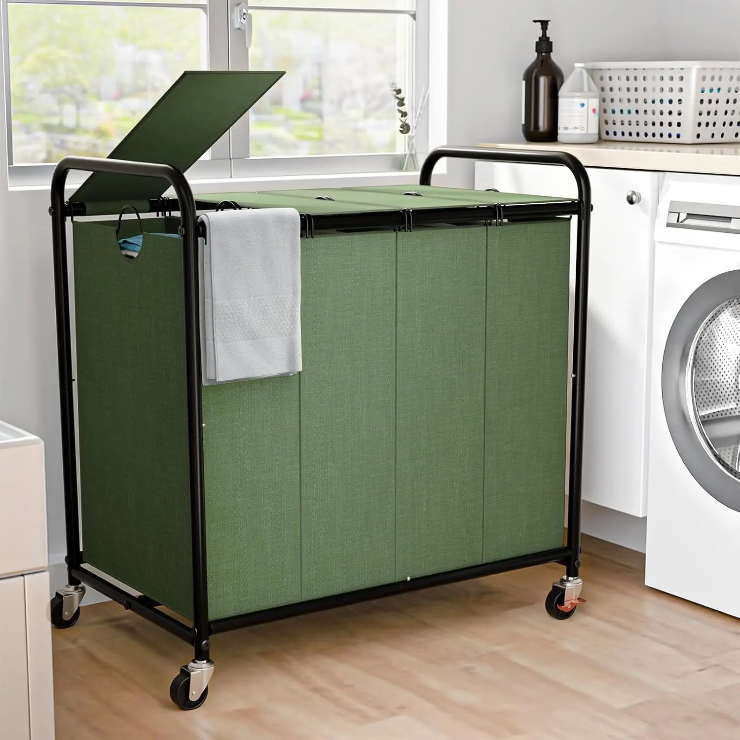

48 Gal Rolling Laundry Sorter with 4 Removable Bags, Lockable Wheels and Lid, Green