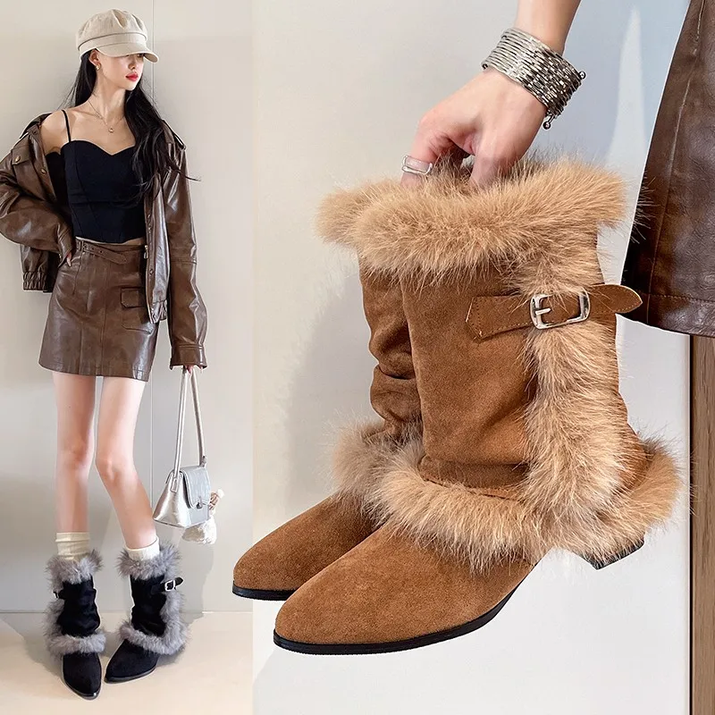 Hairy Midsole Boots for Women Wearing Outside, 2026 Autumn and Winter Style, Thick Heel, Warm Pointed Toe, and Plush Snow Boots