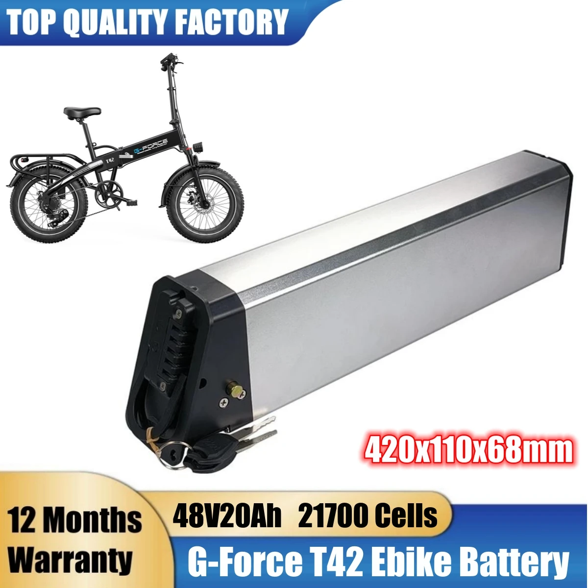 

G-Force T42 750W Folding Fat Tire Electric Bike Replacement Battery Pack 48V 20Ah 960Wh,ALX-108 Intube Lithium Batteries