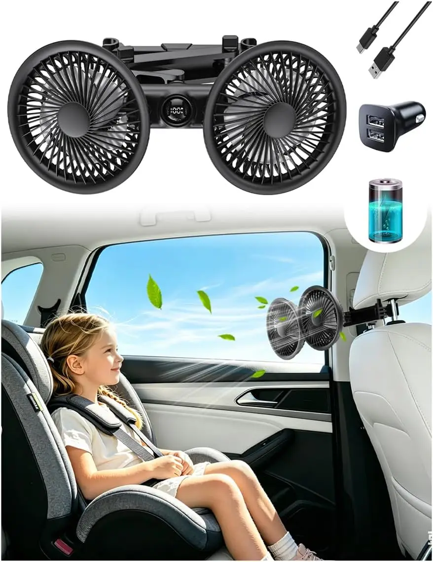 2026 New Upgrade Rechargeable Car Fan For Backseat With Car Charger, 360° Rotatable Battery And USB Dual Power Car Fans,