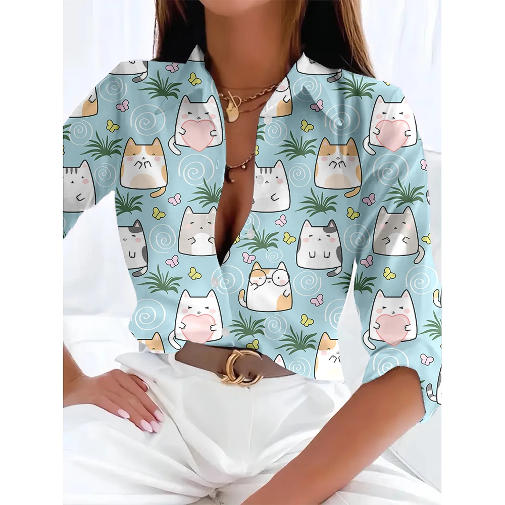 

2025 New Cute Cat 3d Printed Women's Button Long Sleeve T-shirt & Blouse Fashion Loose Lapel Tops Women's Clothing Oversized Top