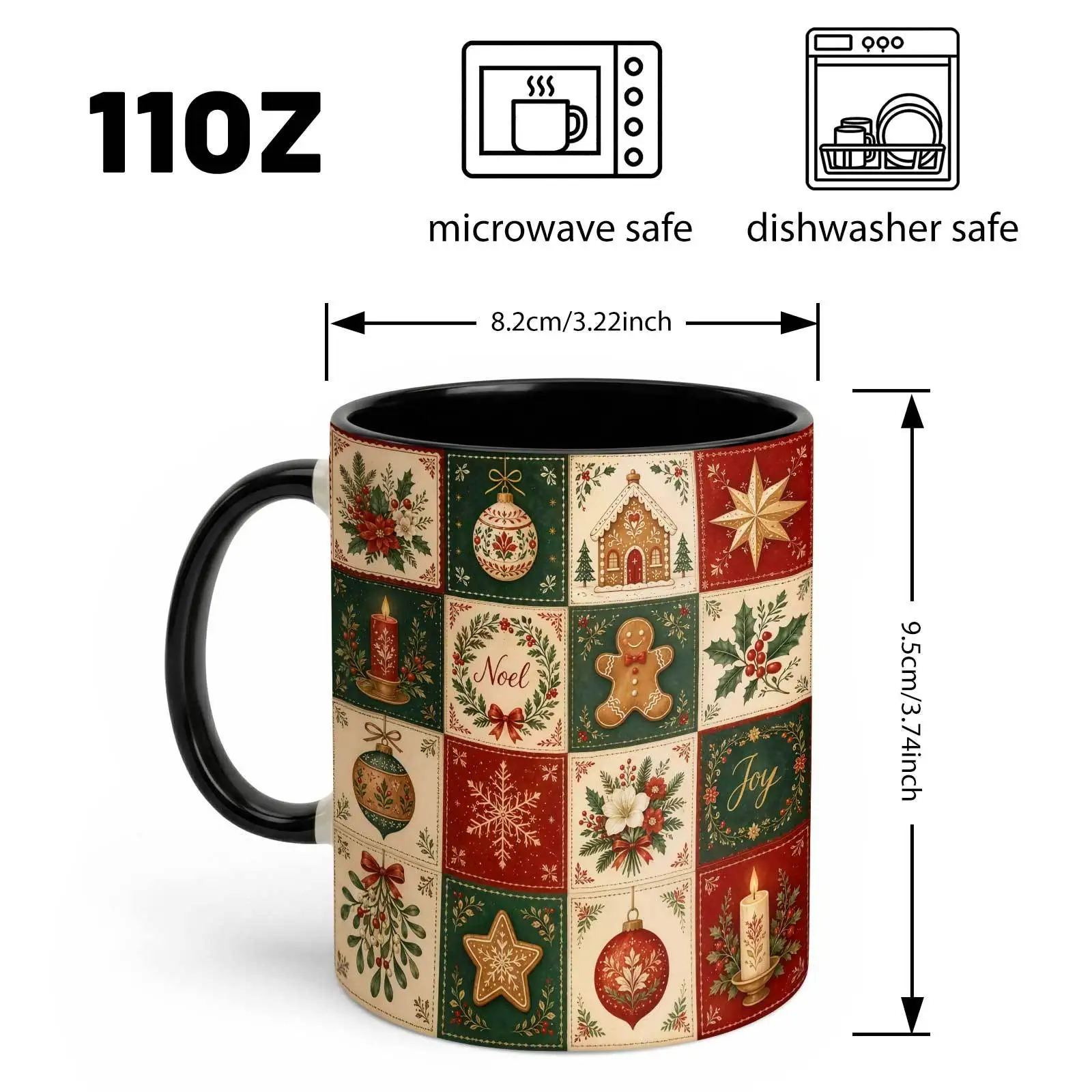 1pc, Christmas Elements Collage, 11oz Color Ceramic Mug, Vintage Farmhouse Floral Gingerbread Cookie Printed, Home Decor and Office Desk, Christmas Gift, Tumbler, Local Warehouse, Gifts for Men and Women, Friends.