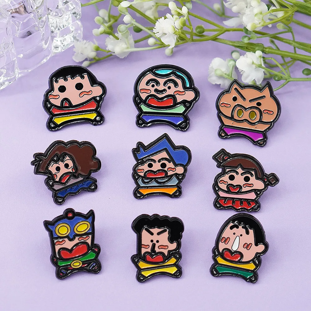 9Pcs Crayon Shin-chan Enamel Pins Set, Cute Anime Shinchan & Friends Brooches for Backpack Fans Decorative Gifts