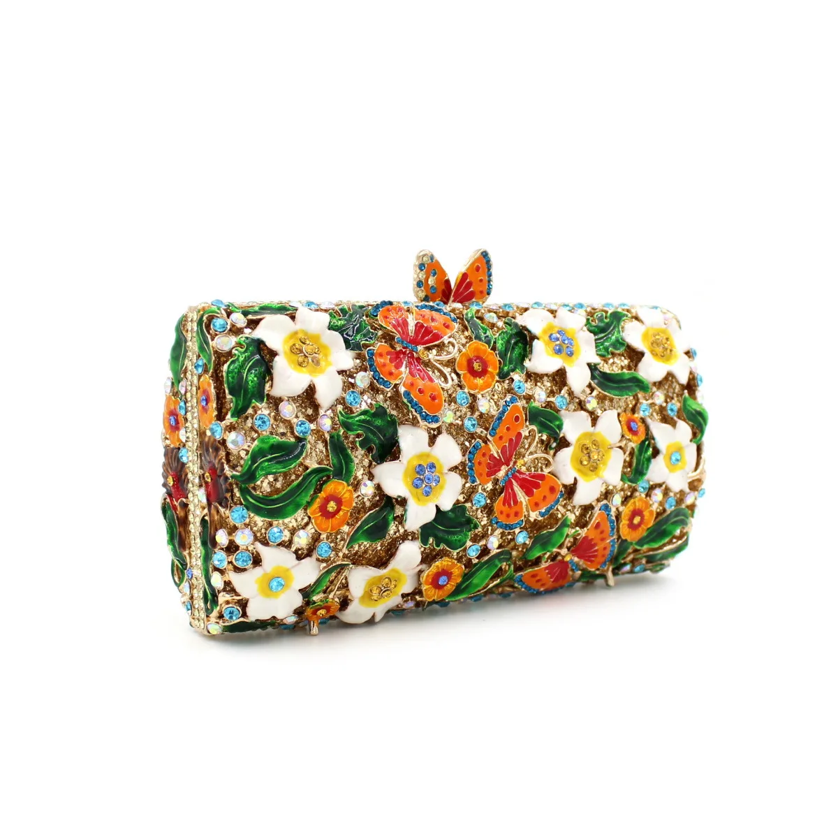 Oil Drop Flower Rhinestone Empty Metal Crystal Dinner Bag Diamond Clutch Carteras De Mujer De Bolsos Trendy Snap Closure Handbag