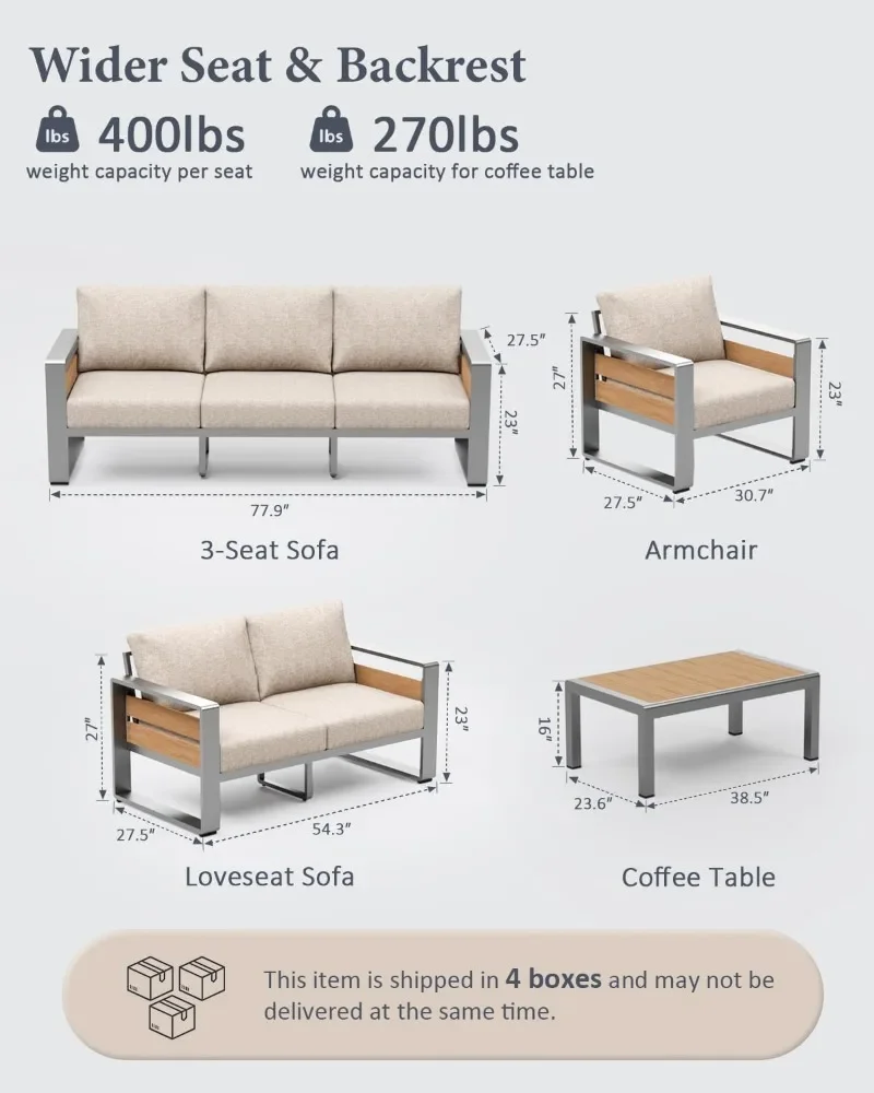 ZANDOR Aluminum Outdoor Patio Conversation Furniture Set, 5 PCS Metal Modern Outside Sectional Lawn Furniture with Coffee Table