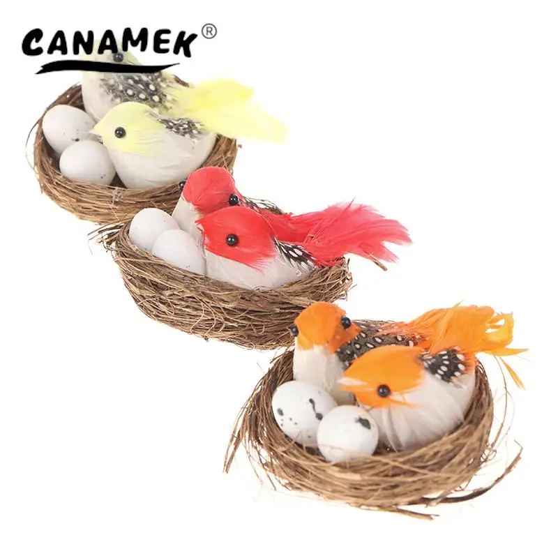 1 Set Artificial Feathered Birds & Nest & Egg Creative Craft Birds Sculpture Art Decoration Home Garden