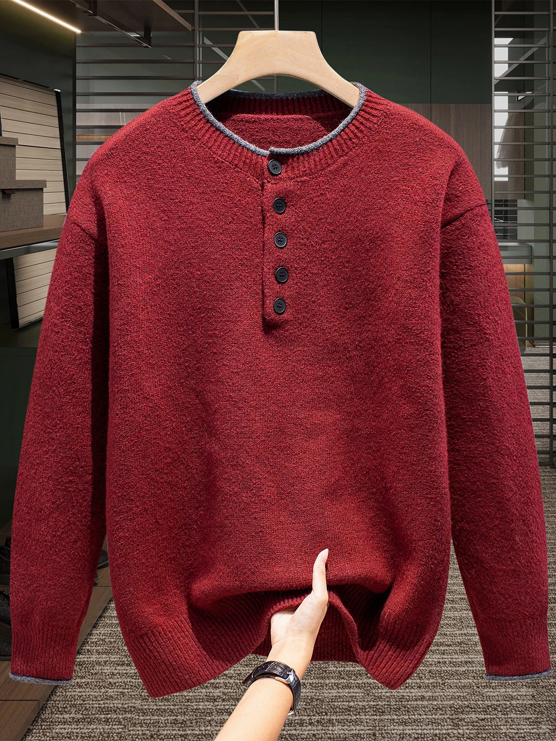 

Мужской модный утепленный худи из толстой ангорской шерсти, красный вязаный свитер, повседневный теплый зимний трикотаж