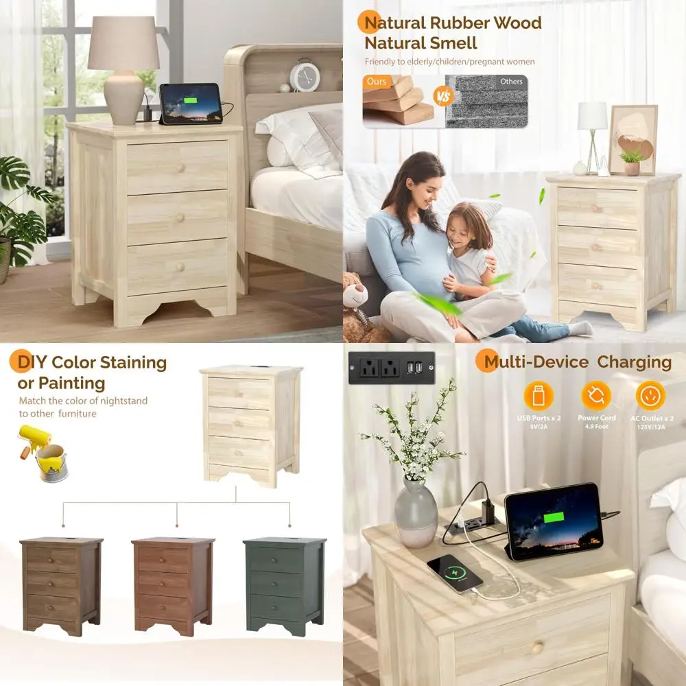 Solid Wood Nightstand Unfinished DIY, 18.54 Wide with Charging Station, Drawers, Natural Finish, Nightstand for Bedroom