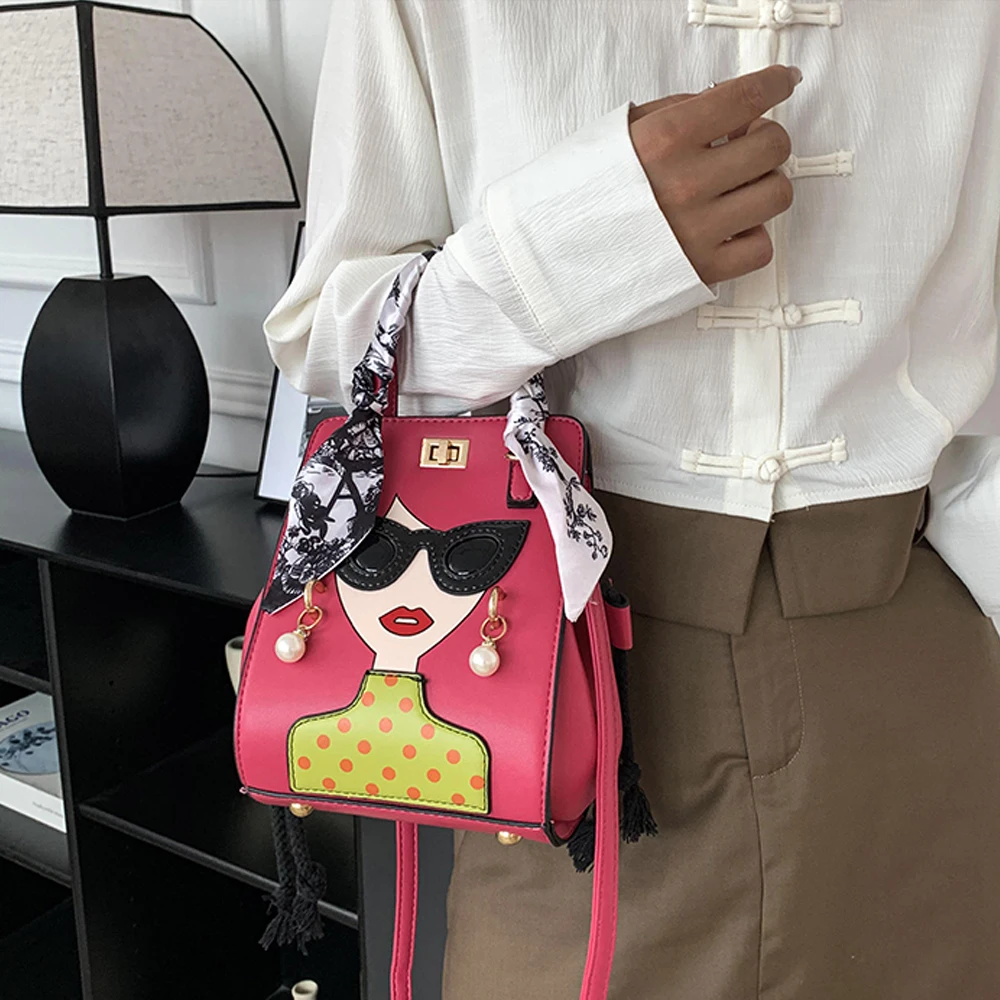 

Cartoon girl handbag, women's new crossbody bag, glasses, pearl scarf, women's shoulder bag, cross-border fashion bag