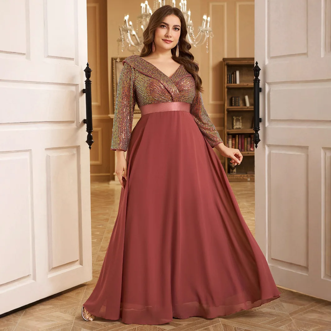 

Plus Size Dusty Rose Chiffon Maxi Gown V Neck Iridescent Sequin 3/4 Sleeve Satin Waistband Church Mother of Bride Wedding Dress