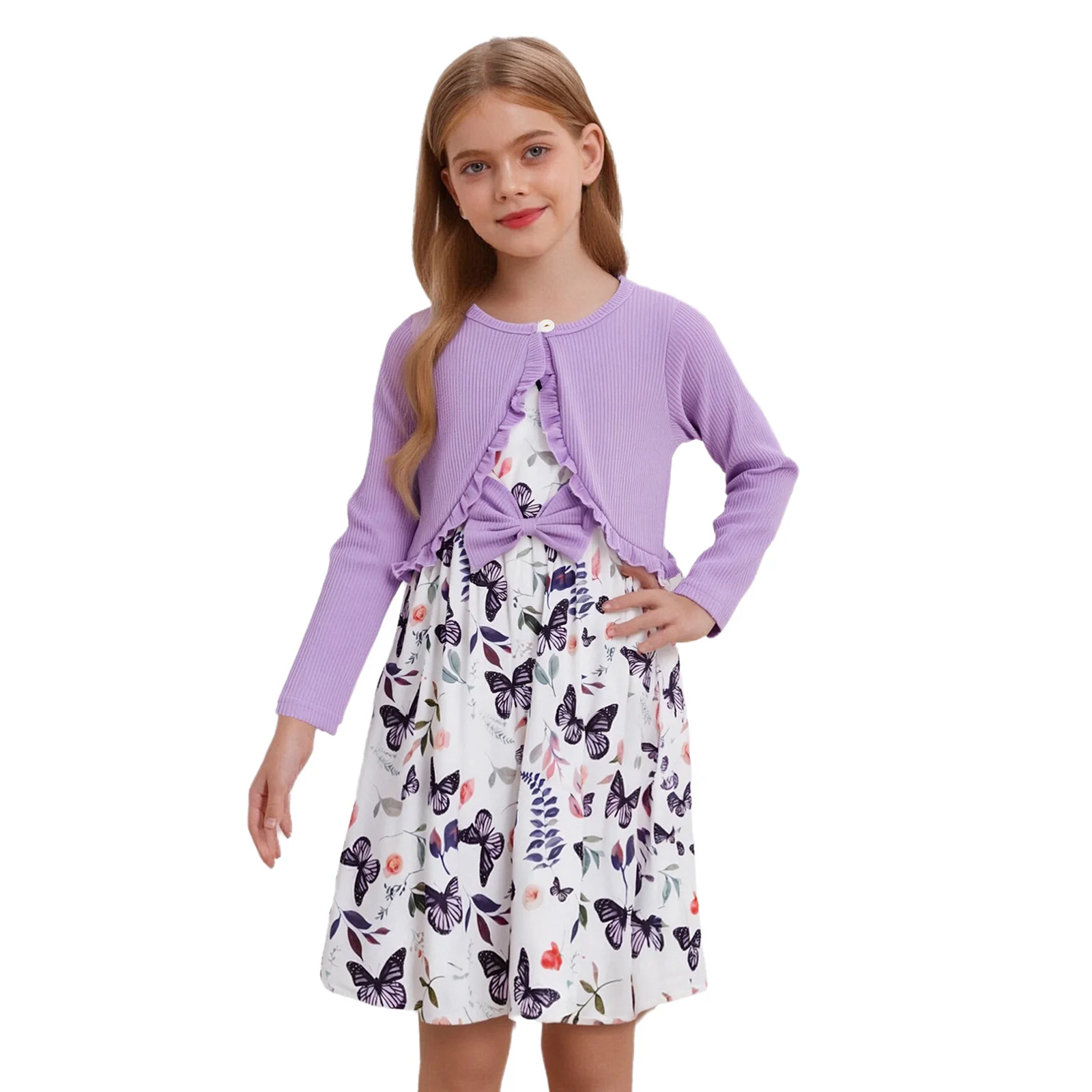 

Kids Girls Casual Outfit Butterfly Print Bowknot Sleeveless Elastic Waist Dress with Long Sleeve Ruffles Ribbed Cardigan Coat