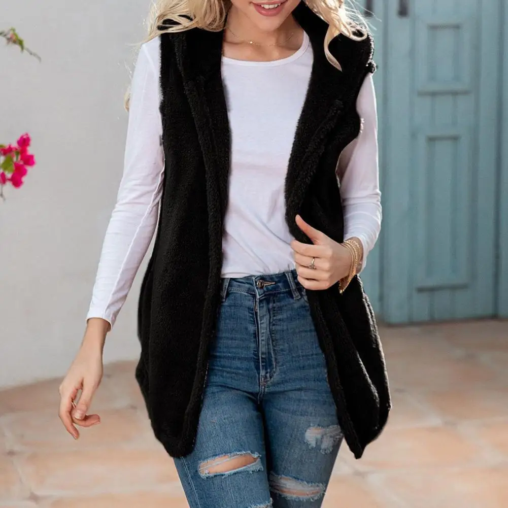 Women's Winter Vest With Hood Mid-length Cardigan Artificial Fur Vest Solid Color Sleeveless Thick Warm Coat