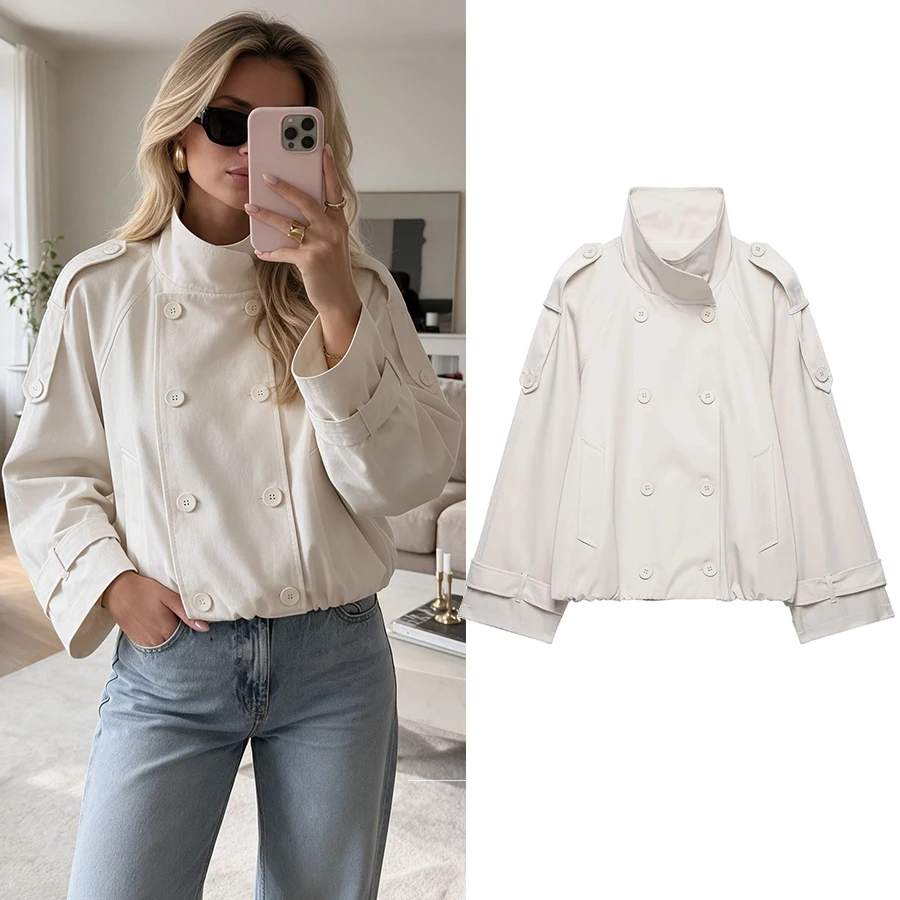 Women Spring Fall Stand Collar Chic Cropped Trench Outerwear Women Elegant Double‑Breasted Cuffs Loose Lady Jacket