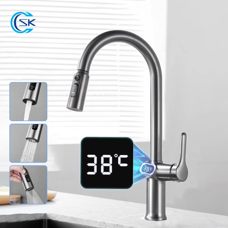 LED Temperature Display Kitchen Faucet Pull Out 3 Modes Kitchen Sink Faucet Brass Cold Hot Water Mixer Tap Deck Mounted Taps