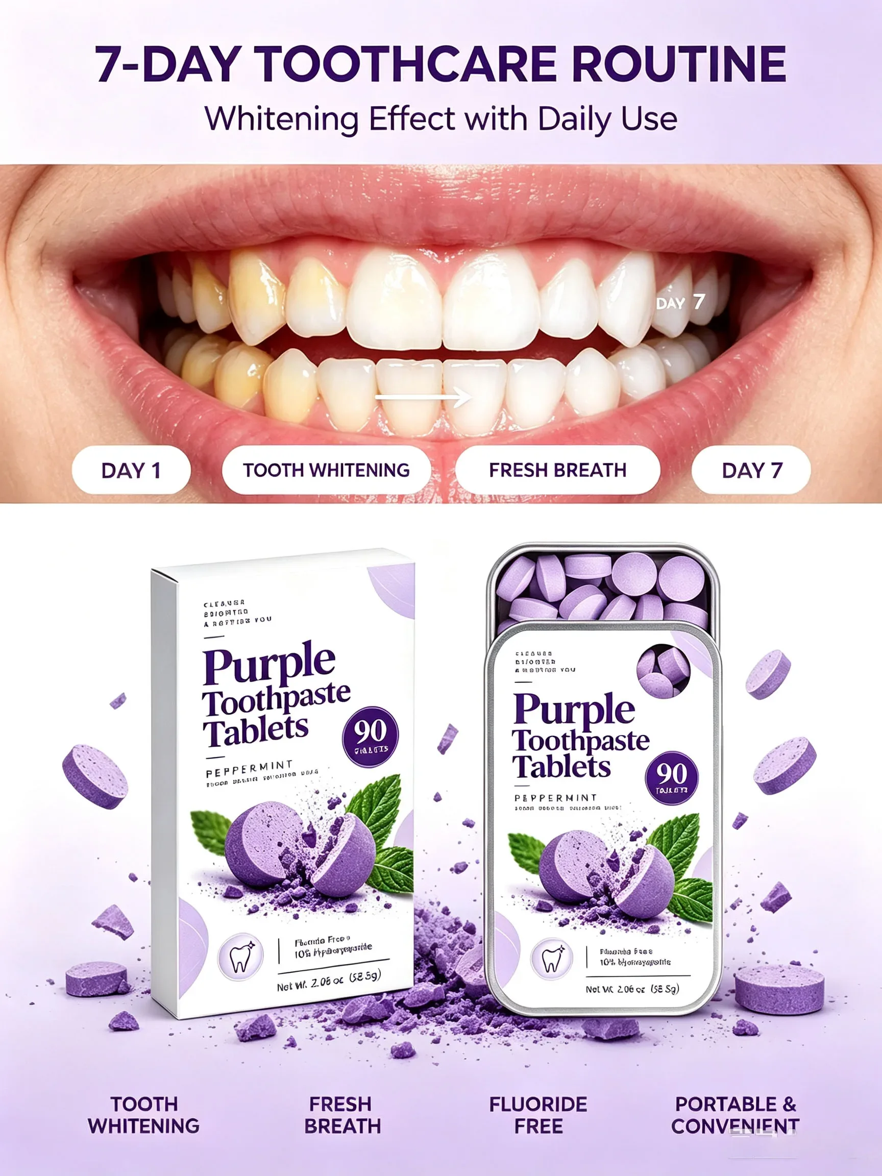Purple Chewable Toothpaste Tablets, 10% Hydroxyapatite Fluoride Free, Peppermint Fresh Breath Portable Oral Care 90 Tablets