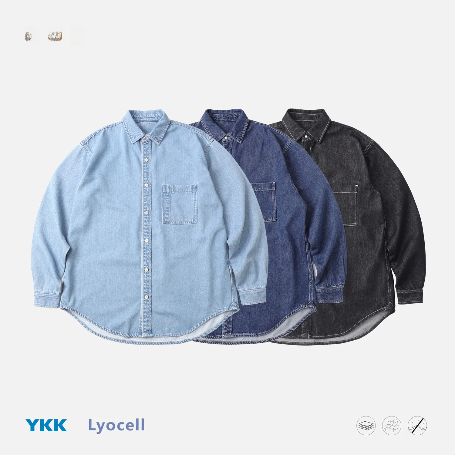 

Men's Casual Loose Fit Denim irt Jaet Original Color Anti-Fading Japanese Sle Commute Long Sve Pure Color