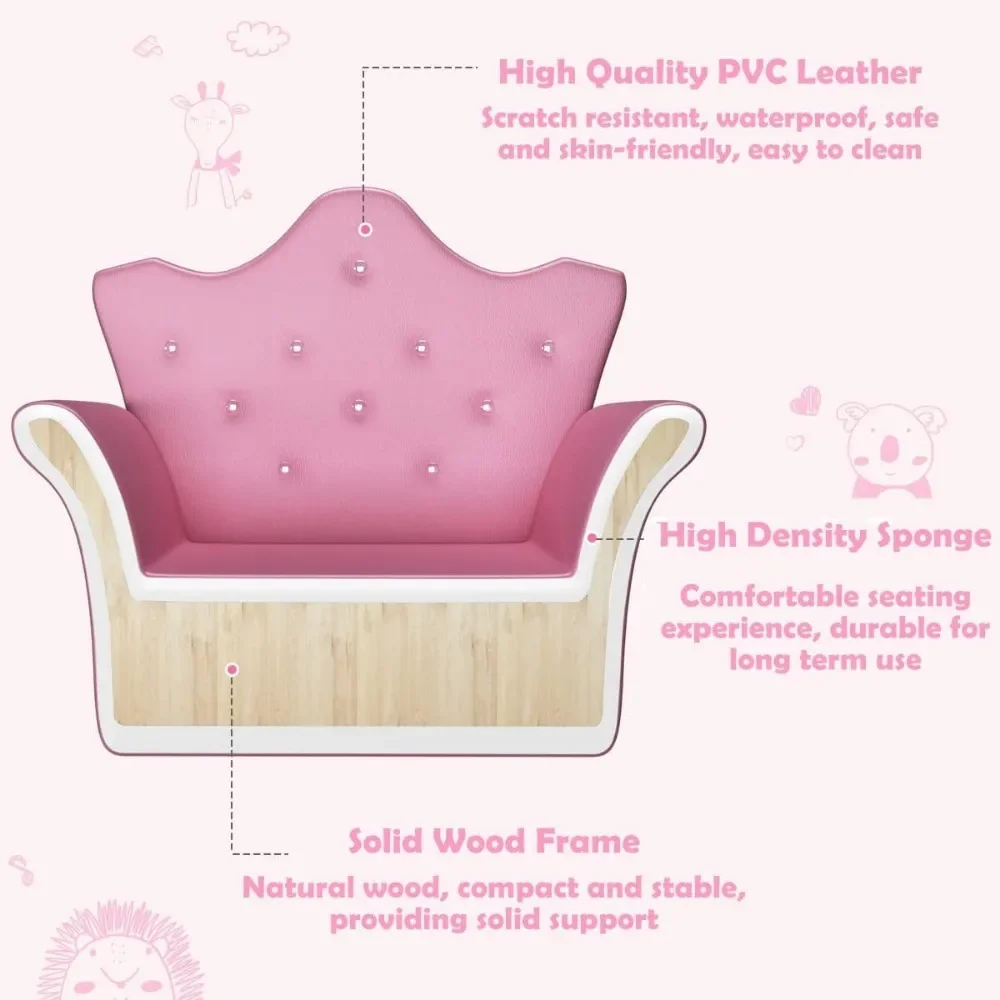 Children's sofa, upholstered children's sofa with ottoman, trimmed with diamonds, pink