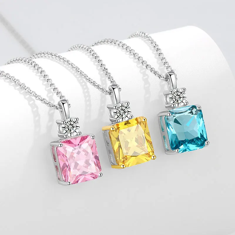 

Emerald Cut Garnet Amethyst Peridot Blue Topaz Sapphire 925 Sterling Silver Square Pendant Necklace Colorful Gemstone Jewelry