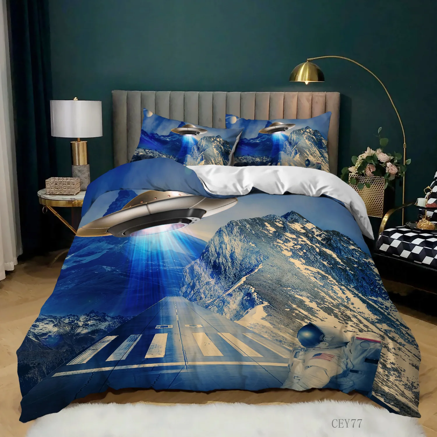 

Spacecraft Duvet Cover Set King Microfiber Science Fiction Spaceship Bedding Set Snow Mountain Astronaut Spaceship Quilt Cover