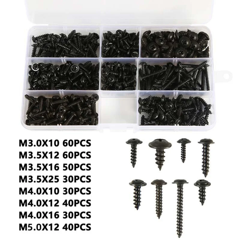 

340Pcs M3.0/M3.5/M4.0/M5.0 Metric Bolt Kit Black Carbon Steel Self-tapping Screws Pan Head Cross Round Head with Washer Cushion