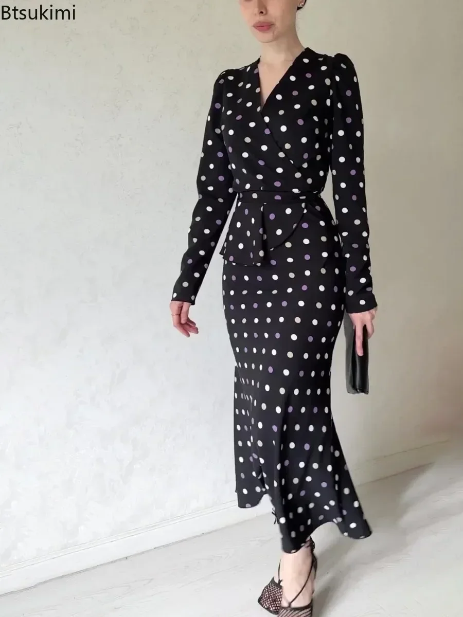 

2025 Women's Elegant Dresses French Polka Dot V-neck Maxi Dress Women Fashion Slim Fit Lace-up Waisted Hip Wrap Dress Vestido