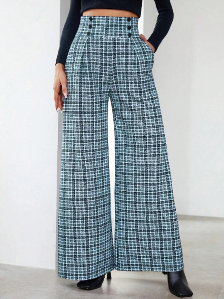 Pantaloni da completo con dettagli bottoni con stampa scozzese - Pantaloni classici a quadri, adatti per vestire professionali alla moda