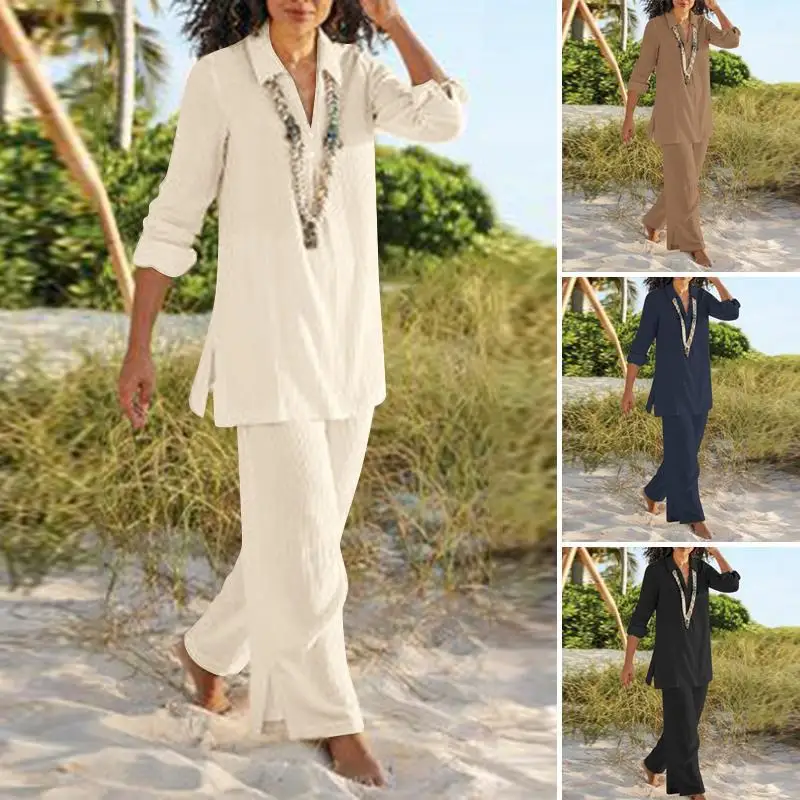 

Women's Two-piece Solid Color Retro Cotton Linen Casual Long Sleeved Pants Loose Suit 2024 Autumn
